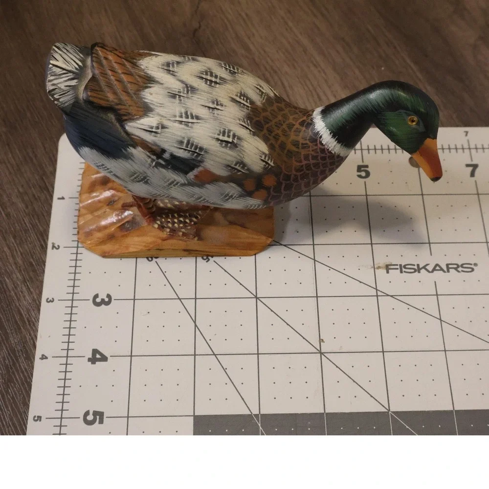 Vintage Hand Carved Painted Standing Mallard Duck Sculpture Wood Base Folk Art